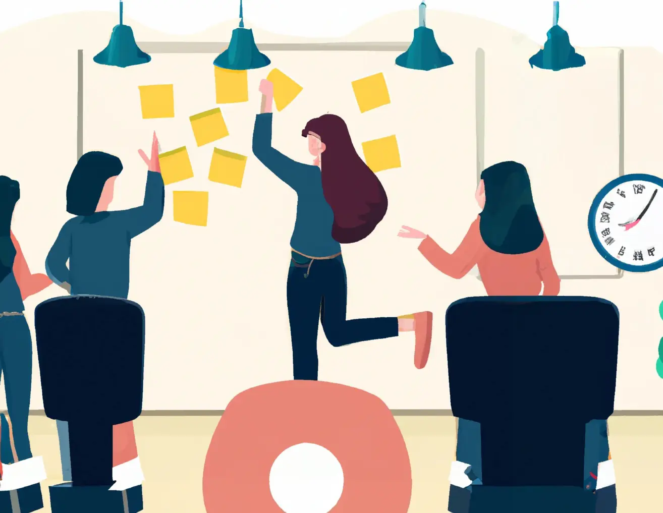 The Design Sprint is a method for quickly solving business challenges. The illustration shows people standing at a blackboard and sticking sticky notes on the wall. You also see a clock, because limiting working hours is an important factor in design sprints.